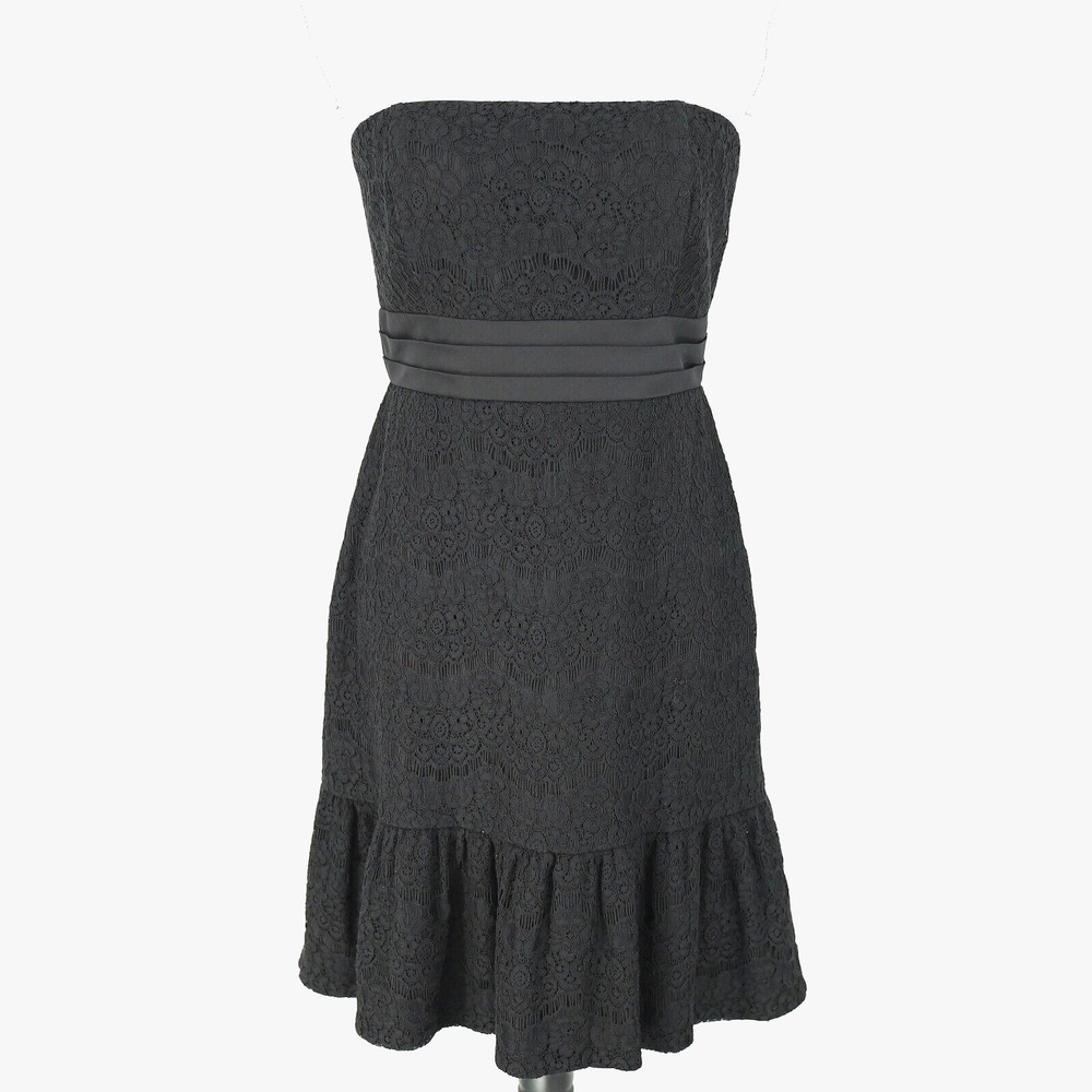 WHBM Dress Womens 6 Black Lace Strapless Back Zip Lined Ruffle Hem Wedding Prom